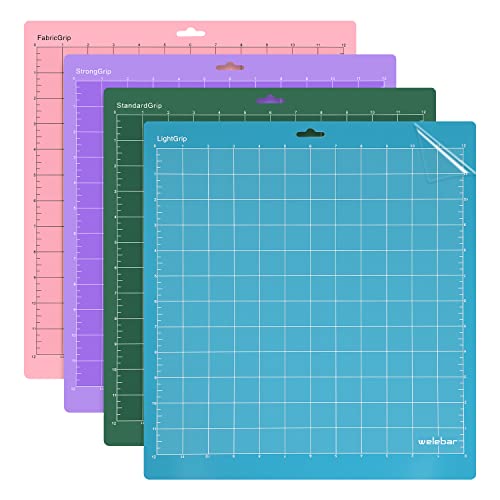 Welebar Cutting Mats for Cricut Maker/Maker3/Explore 3/ Air 2/Air, 4 Pack(12x12 Inch, StandardGrip/LightGrip/StrongGrip/FabricGrip) Replacement Quilting Cutting Mats for Cricut