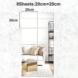 JUNEBRUSHS 8 Pack Self Adhesive Acrylic Mirror, 8 x 8 Inch Tiles,Flexible Plastic Mirror Sheets Wall Stickers,2MM Thick Frameless Small Mirror