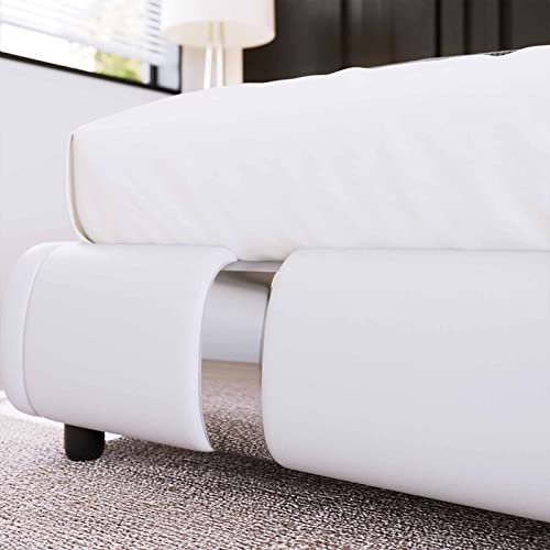 Keyluv Modern Faux Leather Upholstered Platform Bed Frame with Metal Decoration Headboard, Curved Headboard, Wooden Slats Support, No Box Spring Needed, Full Size, White