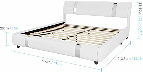 Keyluv Modern Faux Leather Upholstered Platform Bed Frame with Metal Decoration Headboard, Curved Headboard, Wooden Slats Support, No Box Spring Needed, Full Size, White