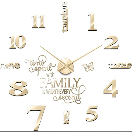 Junkin 3D Large Frameless DIY Wall Clock,Modern Decor Family Quote Wall Stickers Clock kit for Home Living Room Bedroom Office Wall Decorations Adjustable Size (Gold)