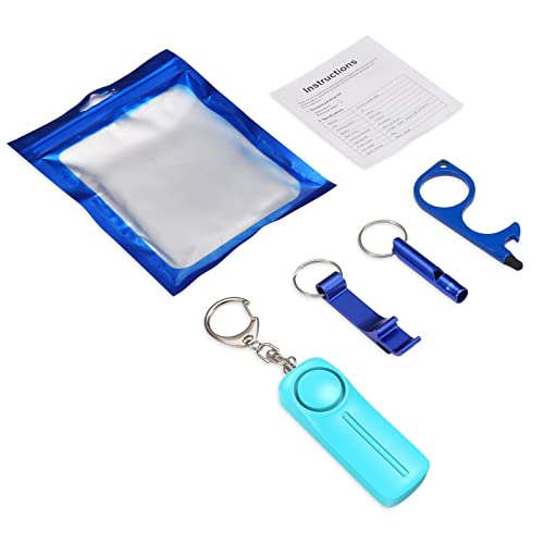 Safety Keychain Set for Women and Kids, 4 Pcs Safety Keychain Accessories, Safety Keychain Set for Girls with Safe Sound Personal Alarm, No Touch Door Opener, Whistle and Bottle Opener, Blue