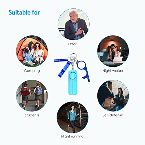 Safety Keychain Set for Women and Kids, 4 Pcs Safety Keychain Accessories, Safety Keychain Set for Girls with Safe Sound Personal Alarm, No Touch Door Opener, Whistle and Bottle Opener, Blue