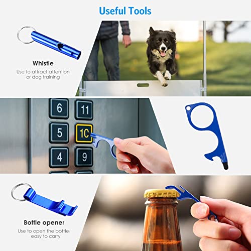 Safety Keychain Set for Women and Kids, 4 Pcs Safety Keychain Accessories, Safety Keychain Set for Girls with Safe Sound Personal Alarm, No Touch Door Opener, Whistle and Bottle Opener, Blue