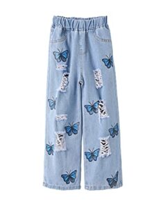 wdirara girl's butterfly print elastic waist wide leg ripped jeans denim pants blue 140