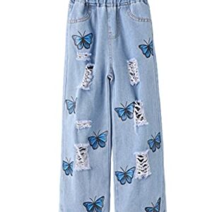 WDIRARA Girl's Butterfly Print Elastic Waist Wide Leg Ripped Jeans Denim Pants Blue 140