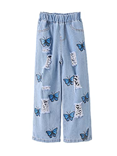 WDIRARA Girl's Butterfly Print Elastic Waist Wide Leg Ripped Jeans Denim Pants Blue 140