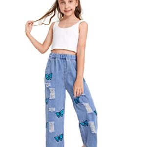 WDIRARA Girl's Butterfly Print Elastic Waist Wide Leg Ripped Jeans Denim Pants Blue 140