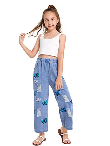 WDIRARA Girl's Butterfly Print Elastic Waist Wide Leg Ripped Jeans Denim Pants Blue 140