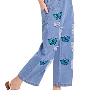 WDIRARA Girl's Butterfly Print Elastic Waist Wide Leg Ripped Jeans Denim Pants Blue 140