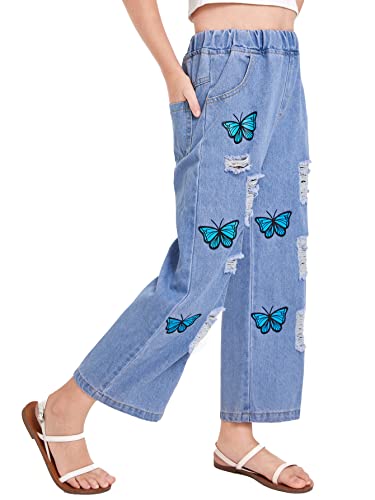 WDIRARA Girl's Butterfly Print Elastic Waist Wide Leg Ripped Jeans Denim Pants Blue 140