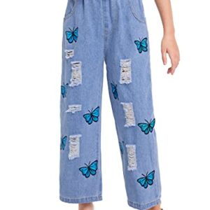 WDIRARA Girl's Butterfly Print Elastic Waist Wide Leg Ripped Jeans Denim Pants Blue 140