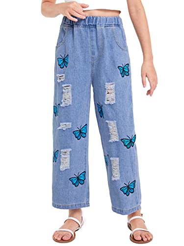 WDIRARA Girl's Butterfly Print Elastic Waist Wide Leg Ripped Jeans Denim Pants Blue 140