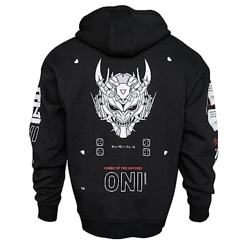 Fabric of the Universe Premium Techwear Graphic Fashion Cyberpunk Hoodie (Black ONI RD, Medium)