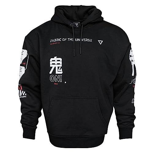 Fabric of the Universe Premium Techwear Graphic Fashion Cyberpunk Hoodie (Black ONI RD, Medium)