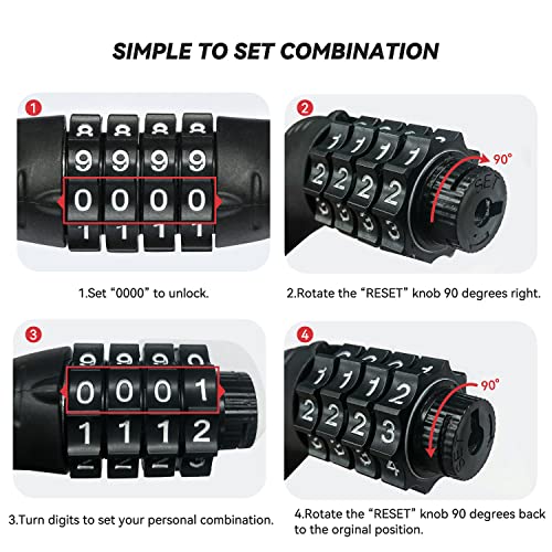 LEQISMART Scooter Lock for A8 Electric Scooter Adults, Bike Lock with 4 Digit Resettable Combination, 4 FEET Long with 1/2 in Diameter