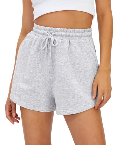 AUTOMET Womens Sweat Trendy Shorts Casual Summer Cotton Shorts Elastic Comfy Running Shorts High Waist Pockets Shorts Clothes Grey