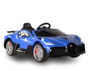 bugatti divo - blue- dual motor electric power ride on car w/parental remote, mp3, aux cord, bluetooth, led headlights, and premium wheels- by first drive (blue)