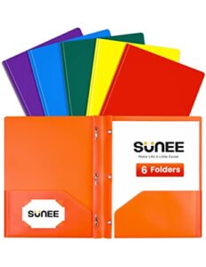 sunee 2 pocket folders with prongs (6 pack, assorted color) plastic folders with pockets and prongs fit letter size, poly folders with pockets for school office home bussiness