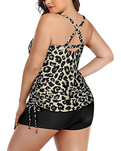 Aqua Eve Women Two Piece Plus Size Swimsuit High Neck Tankini Set Tummy Control Bathing Suit with Shorts Leopard 18W