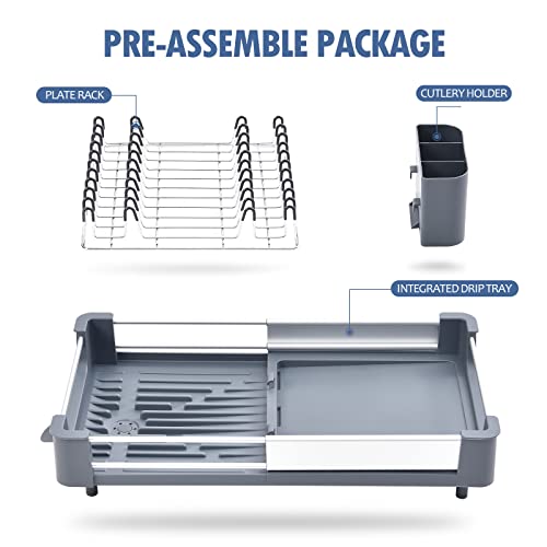 TOOLF Aluminum Extendable Dish Rack, Dual Part Dish Drying Rack with Non-Scratch and Movable Cutlery Drainer and Drainage Spout, Adjustable Dish Drainer for Kitchen, 1 Piece Grey