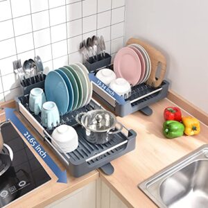 TOOLF Aluminum Extendable Dish Rack, Dual Part Dish Drying Rack with Non-Scratch and Movable Cutlery Drainer and Drainage Spout, Adjustable Dish Drainer for Kitchen, 1 Piece Grey