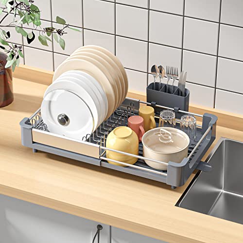 TOOLF Aluminum Extendable Dish Rack, Dual Part Dish Drying Rack with Non-Scratch and Movable Cutlery Drainer and Drainage Spout, Adjustable Dish Drainer for Kitchen, 1 Piece Grey
