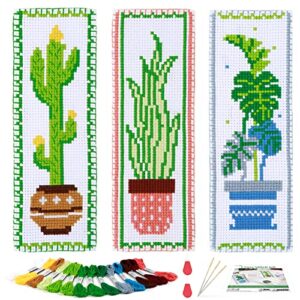 caydo 3 pcs cross stitch bookmark kits, stamped embroidery bookmark kit for kids adults beginner, diy counted crossstitch christmas gift for book lovers(green plants)