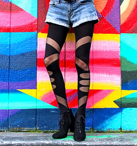 Millennials In Motion Y2K Patterned Tights Sheer Stockings Apocalyptic Alt Dark Fairy Grunge Goth Lolita (One Size, Cyberpunk)