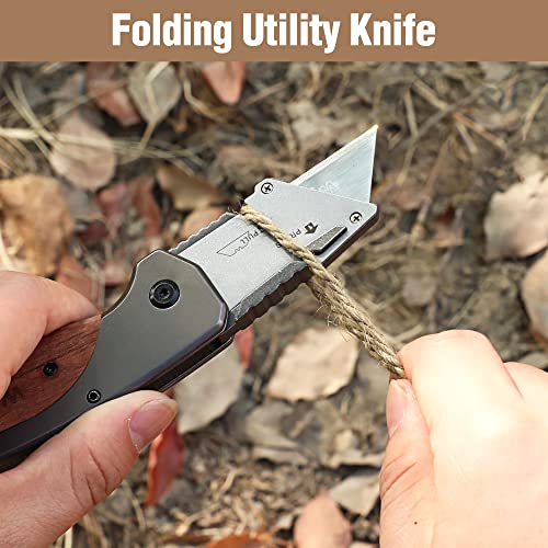 WORKPRO Folding Utility Knife & EDC Pocket Knife, Quick-Change Wood Handle Razor Box Cutter and Foldable Knife Kit with Extra 10PC SK5 Blades for Indoor and Outdoor Activities