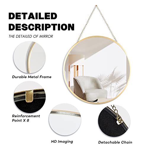 Hanging Circle Mirror Wall Decor Gold Round Mirror with Hanging Chain for Bathroom, Bedroom, Vanity, Living Room, Entryway, 10 Inch X 10 Inch