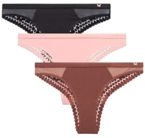 jessica simpson women's underwear - 3 pack microfiber lace tanga panties (s-xl), size small, brunette/mellow rose/jet black