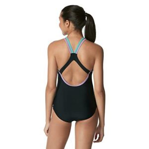 Speedo Women's Standard Swimsuit One Piece Contrast Binding High Cut, Black/Blue, 10