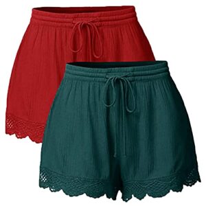 2pcs beach hots for women, womens comfy drawstring mid waisted shorts linen blend lightweight summer shorts with lace green