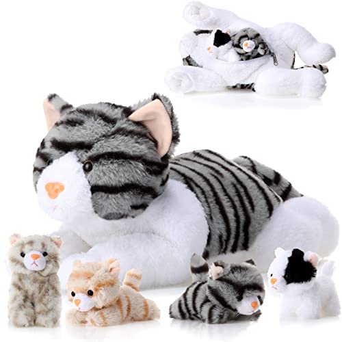 Skylety 5 Pieces Stuffed Animal Plush Cat Set Include Large Soft Cuddly with 4 Cute Fluffy Plush Kittens in Mommy Cat's Belly Nurturing Cat Huggable Sleeping Birthday Gifts (Gray)