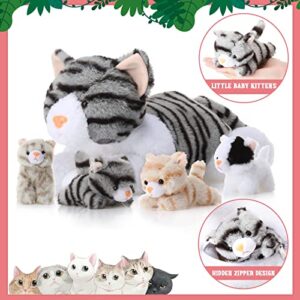 Skylety 5 Pieces Stuffed Animal Plush Cat Set Include Large Soft Cuddly with 4 Cute Fluffy Plush Kittens in Mommy Cat's Belly Nurturing Cat Huggable Sleeping Birthday Gifts (Gray)