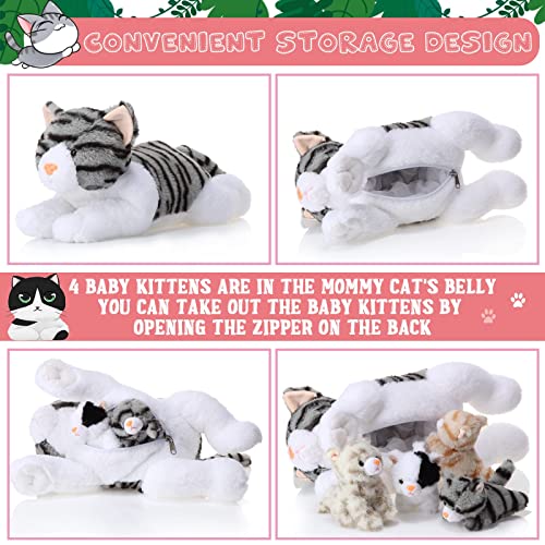 Skylety 5 Pieces Stuffed Animal Plush Cat Set Include Large Soft Cuddly with 4 Cute Fluffy Plush Kittens in Mommy Cat's Belly Nurturing Cat Huggable Sleeping Birthday Gifts (Gray)