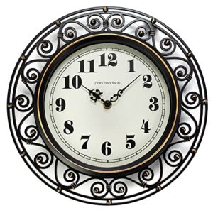 park madison decorative iron style wall clock 12 inch silent battery operated vintage elegant retro clocks for living room decor, kitchen office dining room bedroom school classroom (13736)