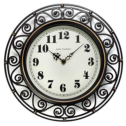 Park Madison Decorative Iron Style Wall Clock 12 Inch Silent Battery Operated Vintage Elegant Retro Clocks for Living Room Decor, Kitchen Office Dining Room Bedroom School Classroom (13736)