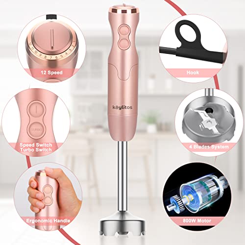 Keylitos 5-in-1 Immersion Hand Blender, Powerful 12-Speed Handheld Stick Blender with 304 Stainless Steel Blades, Chopper, Beaker, Whisk and Milk Frother for Smoothie, Baby Food, Sauces Red,Puree, Soup (Golden Pink)