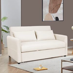 aoowow convertible sleeper sofa bed 57 inches, velvet 2 seats sofa with pull out bed,loveseat sofa couch with adjustable backrest, 2 pillows side pocket for living room small apartment (beige)