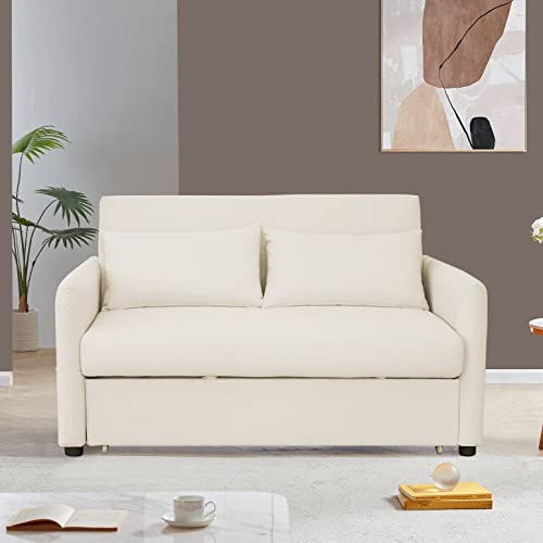 Aoowow Convertible Sleeper Sofa Bed 57 Inches, Velvet 2 Seats Sofa with Pull Out Bed,Loveseat Sofa Couch with Adjustable Backrest, 2 Pillows Side Pocket for Living Room Small Apartment (Beige)