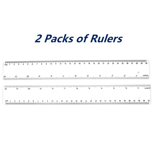 Kyweel 2 Packs of Plastic Ruler Measuring Tools, Suitable for Schools, Offices, Homes, with Inches and Metric (Transparent, 12 Inches)