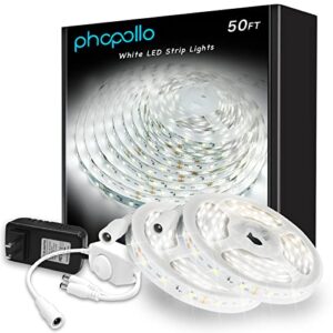 phopollo white led strip lights, 50ft dimmable 6500k daylight white led light strip, 900 leds flexible led lights for bedroom, mirror, kitchen decoration