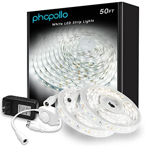 phopollo White LED Strip Lights, 50ft Dimmable 6500k Daylight White Led Light Strip, 900 LEDs Flexible Led Lights for Bedroom, Mirror, Kitchen Decoration