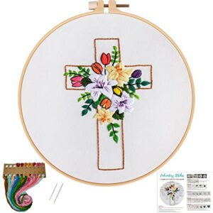 louise maelys cross lily pattern embroidery starter kit,cross stitch kits for adults with embroidery hoop needles threads instruction -easter jesus