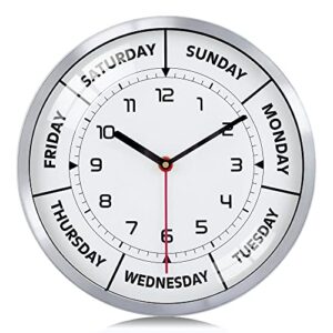 lafocuse silent retirement clock day of the week wall clock for home decor,brushed metal frame day clocks for seniors 12 inch living room bedroom office-without a second hand