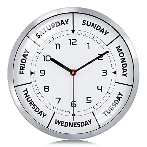 Lafocuse Silent Retirement Clock Day of The Week Wall Clock for Home Decor,Brushed Metal Frame Day Clocks for Seniors 12 Inch Living Room Bedroom Office-Without a Second Hand