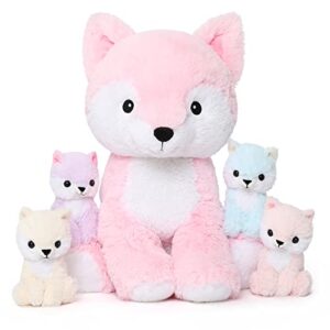 morismos fox stuffed animals plush toys, soft stuffed fox mommy & babies set, fox plush toy large size for women, girl, kids on mother's day, birthday, christmas, 19in