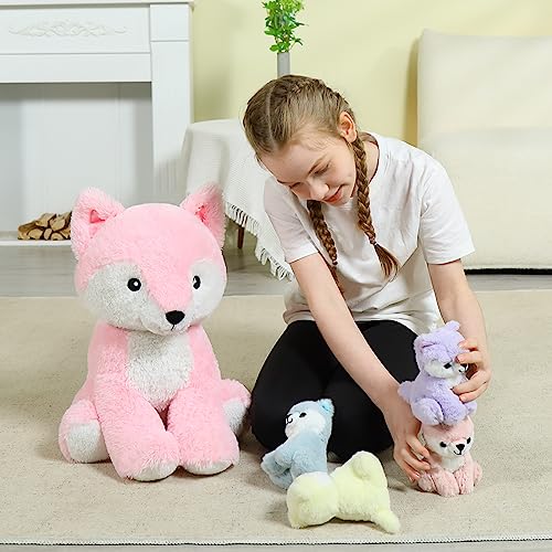 MorisMos Fox Stuffed Animals Plush Toys, Soft Stuffed Fox Mommy & Babies Set, Fox Plush Toy Large Size for Women, Girl, Kids on Mother's Day, Birthday, Christmas, 19in